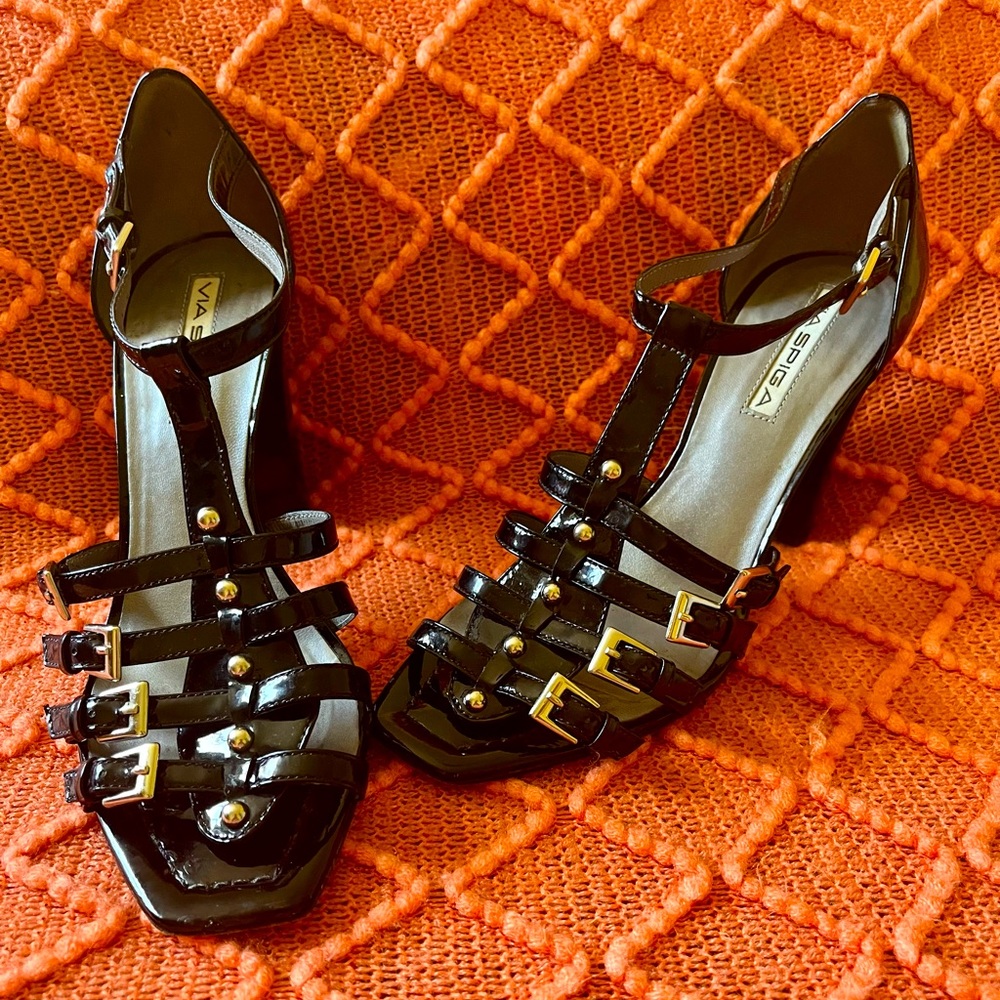Via Spiga Black Patent Leather Studded Stacked Heel Sandal
